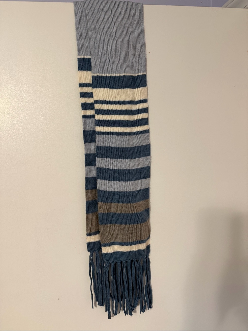 Striped Blue, Cream & Grey Fringed Knit Scarf - Unbranded